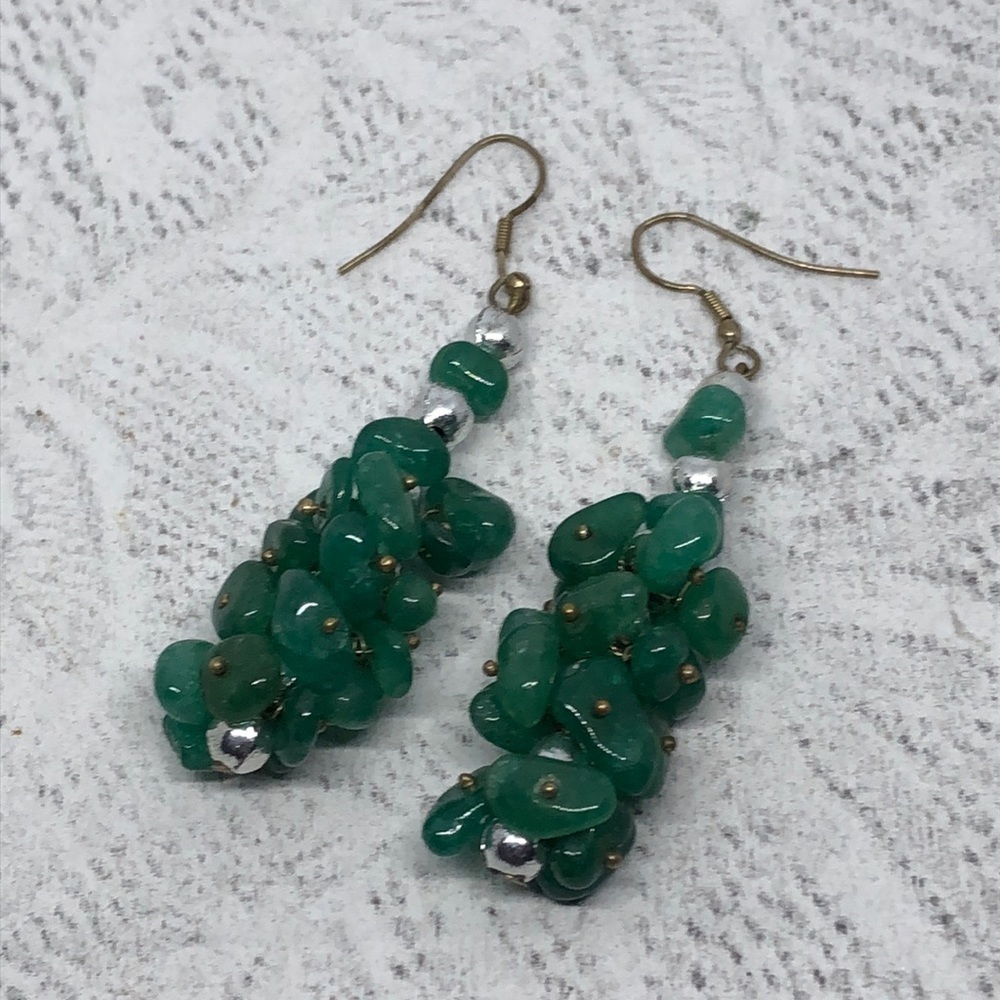 Artisan made natural green stone beads cluster earrings dangle drop boho